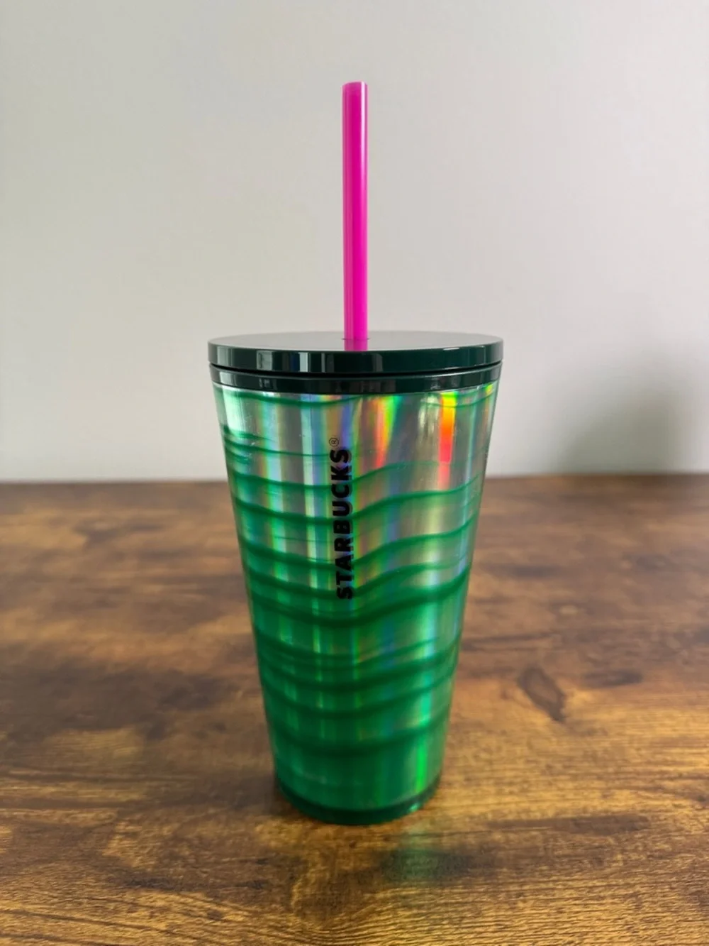 NWT Starbucks Iridescent Green Tumbler with Pink Straw and Black Lid, 14 Oz